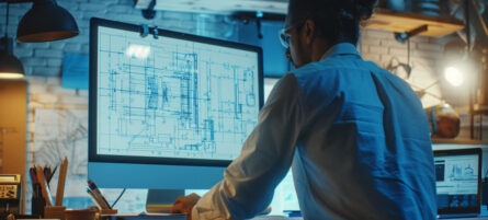 CAD elevation drawings viewed on screen indoors