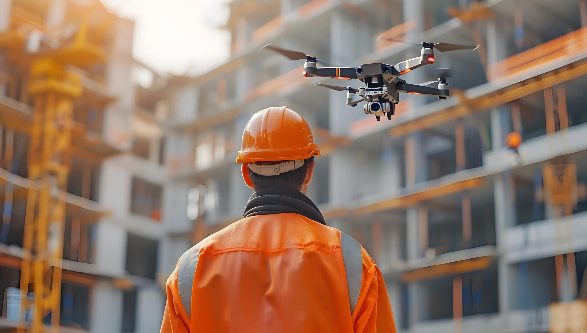 Drone surveying construction site from above