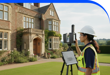 Surveyor recording residential building exterior elevation