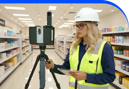 Surveyor recording retail interior for building survey