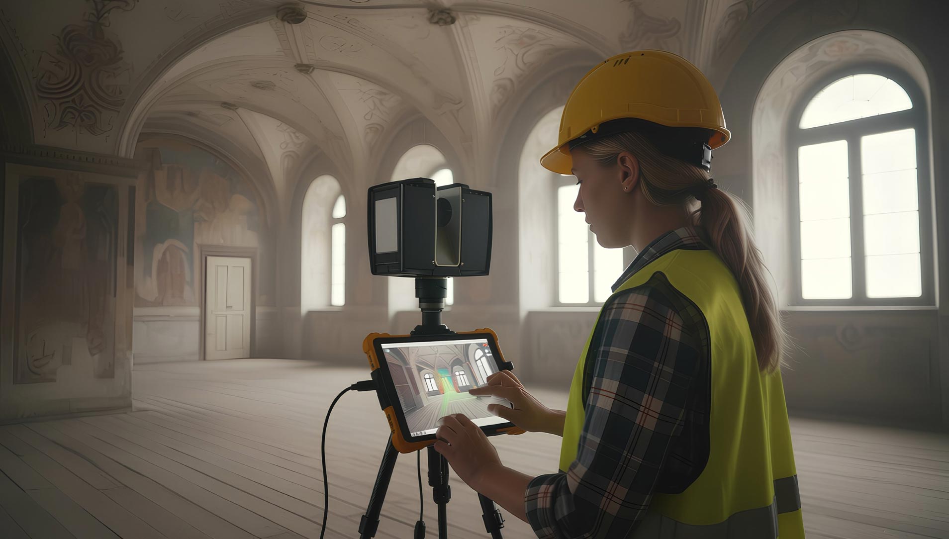 Laser scanner capturing heritage interior in 3D