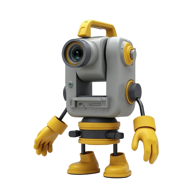 Theo the theodolite instrument mascot representing Blueprint Surveys