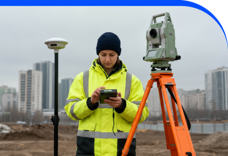 Surveyor verifying GNSS control on active site