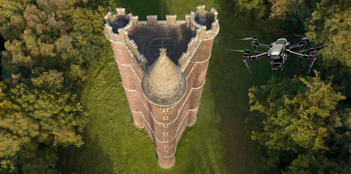 Aerial drone view of Alfred’s Tower in Somerset captured for survey mapping