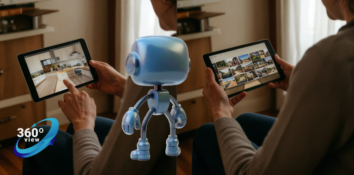 Person using an interactive 360° virtual tour vs viewing a static photo gallery