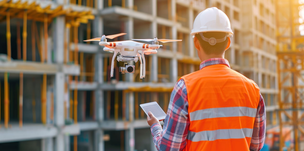 Professional drone performing precision aerial mapping over construction and environmental site for architectural and infrastructure planning