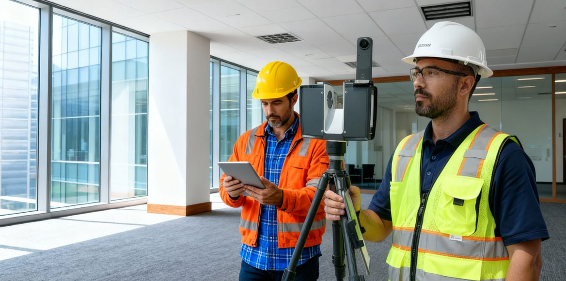 Surveyor uses a 3D laser scanner inside a building