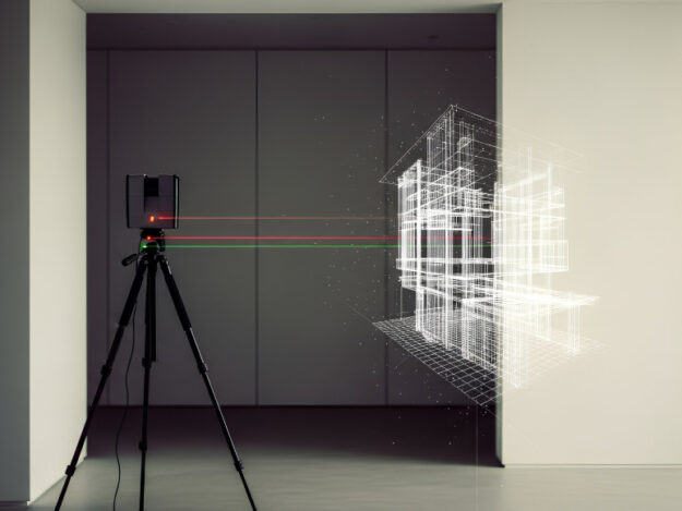 Laser scanner capturing accurate building measurements prior to 3D visualisation and virtual tour creation.