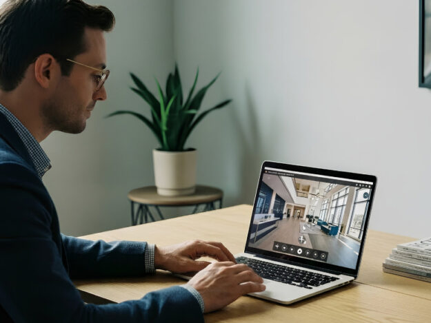 Professional reviewing a 360 degree virtual tour on a laptop instead of attending a physical site visit.