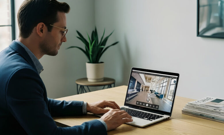 Professional reviewing a 360 degree virtual tour on a laptop instead of attending a physical site visit.