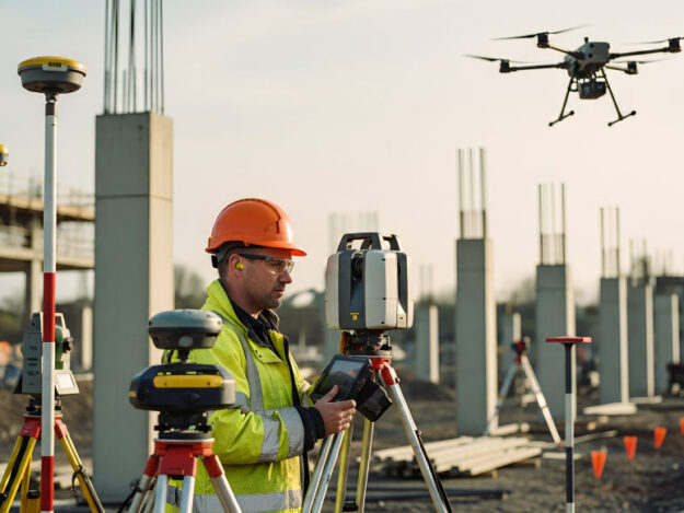 Laser scanning and drone survey technology capturing accurate site data for modern construction projects.