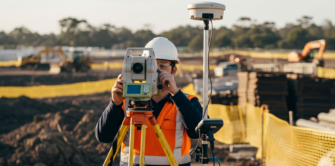 A surveyor on-site capturing geospatial data for a future commercial development